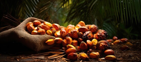 Aufkleber - A close-up of a sack of fruit with palm trees in the background, showcasing the harvested palm fruits ready for processing. with copy space image. Place for adding text or design