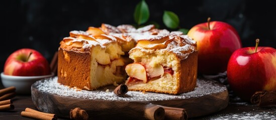 Poster - Apple cake with apple slices and cinnamon sticks on top, creating a sweet and homemade dessert. with copy space image. Place for adding text or design