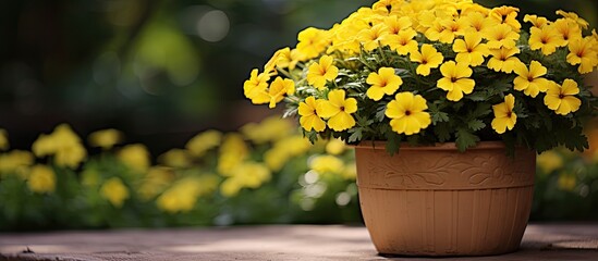 Poster - Bright yellow flowers arranged in a pot placed on a tabletop in a garden setting. with copy space image. Place for adding text or design