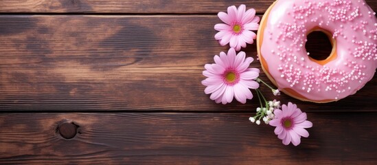 Poster - Pink donut adorned with colorful sprinkles placed on a rustic wooden table. with copy space image. Place for adding text or design