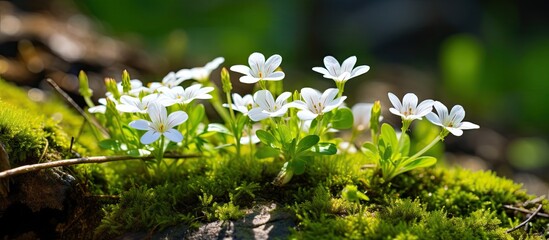 Aufkleber - Group of pure white flowers emerging from a rock covered in lush green moss. with copy space image. Place for adding text or design