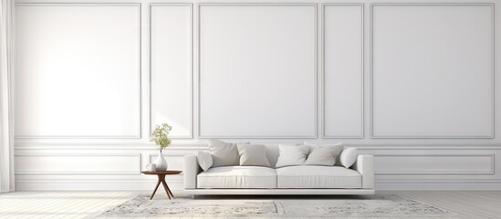 Poster - Spacious room with white sofa and patterned carpet. with copy space image. Place for adding text or design