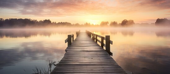 Fototapete - A serene scene of a wooden pier by a tranquil lake at sunrise, enveloped in mist. with copy space image. Place for adding text or design