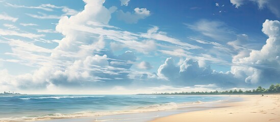 Aufkleber - A serene beach setting with one individual leisurely walking on the sandy shore. with copy space image. Place for adding text or design