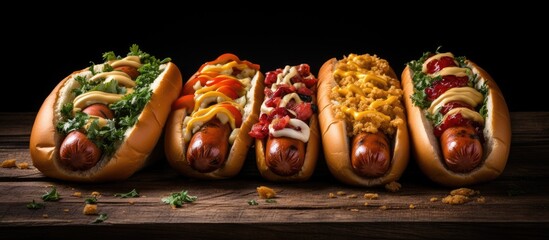 Fototapete - Three appetizing hotdogs topped with a variety of ingredients presented on a rustic wooden table. with copy space image. Place for adding text or design
