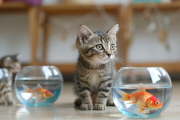 Wall Mural - cute cat background with kittens and fish bowls