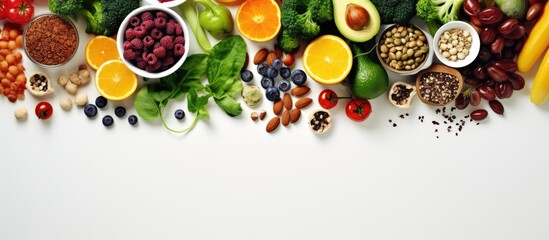 Leinwandbilder - Assorted fruits and vegetables displayed in a row for a plant-based vegan diet rich in nutrients and antioxidants. with copy space image. Place for adding text or design