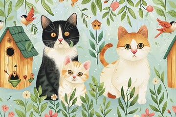 charming cat background with kittens and birdhouses