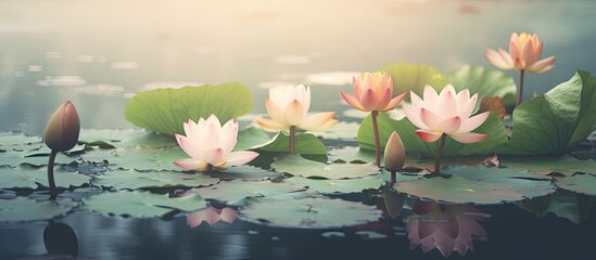 Pink flowers floating in water alongside vibrant green leaves create a serene and natural vintage lotus pond background. with copy space image. Place for adding text or design