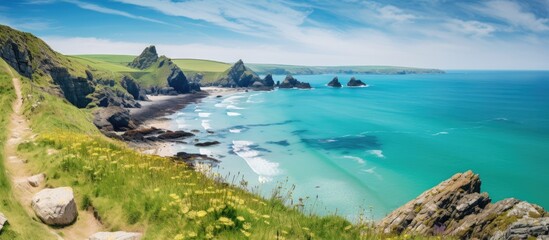 Poster - Scenic view of a path winding through a rocky coastline and sandy beach. with copy space image. Place for adding text or design