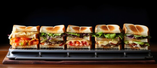 Fototapete - Close-up view of a delicious sandwich placed on a metal tray on a table. A sandwich maker is seen filling different sandwiches. with copy space image. Place for adding text or design