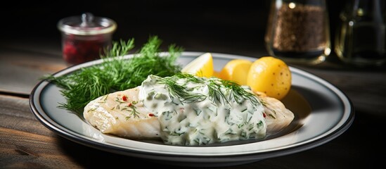 Leinwandbilder - Steamed fish fillet with dill sauce served alongside boiled potatoes on a plate. with copy space image. Place for adding text or design