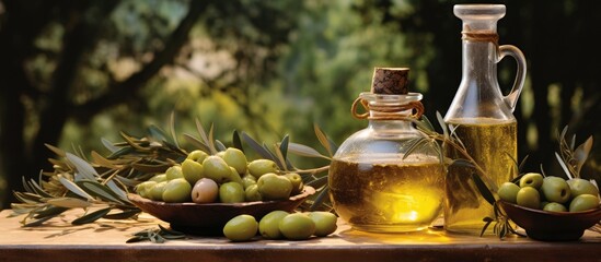 Fototapete - Arrangement of fresh olives and a bottle of olive oil displayed on a wooden table surrounded by green olive leaves. with copy space image. Place for adding text or design