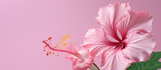 Poster - Vibrant pink hibiscus flower displayed in a vase, providing a closer look at its detailed anatomy. with copy space image. Place for adding text or design