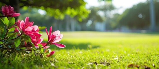 Aufkleber - Pink blooming flowers scattered in the lush green grass of a park with a soft focus background. with copy space image. Place for adding text or design