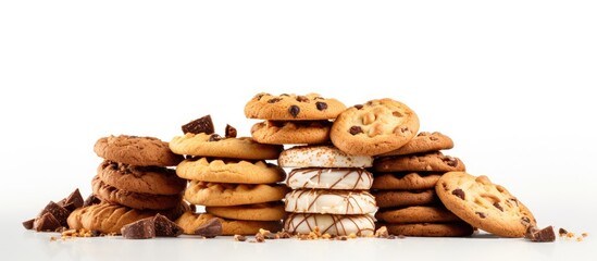 Poster - Heap of chocolate chip cookies in a close-up view, isolated on a plain background. with copy space image. Place for adding text or design