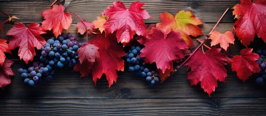 Poster - A detailed view of a cluster of grapes surrounded by vibrant red leaves in a natural autumn setting. with copy space image. Place for adding text or design