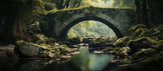 Fototapete - An aged bridge gracefully stretches across a tranquil river in a scenic natural setting. with copy space image. Place for adding text or design