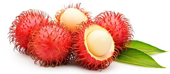 Poster - Close-up view of a rambutan fruit with a leaf on a plain white background, isolated with clipping path. with copy space image. Place for adding text or design
