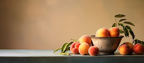 Wall Mural - Fresh peaches arranged in a bowl displayed on a wooden table for a simple and natural still life setup. with copy space image. Place for adding text or design