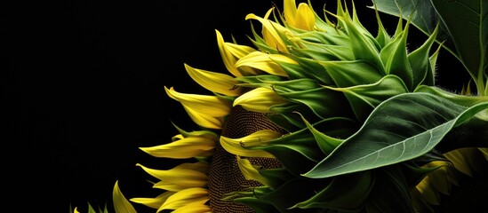 Aufkleber - Vegetative apex of a vibrant sunflower plant with two blooms standing in the dark. with copy space image. Place for adding text or design
