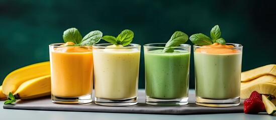Aufkleber - A tray holding three glasses of delicious smoothies made with various fruits and vegetables. with copy space image. Place for adding text or design