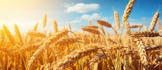 Fototapete - Ripe cereal ears grow in a sunny farm field, creating a picturesque rural background on a summer day. with copy space image. Place for adding text or design
