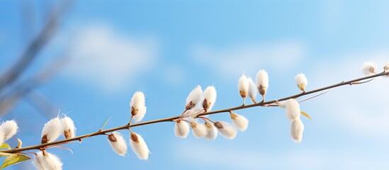 Aufkleber - Branch of a plant with delicate white flowers contrasting against the backdrop of a clear blue sky. with copy space image. Place for adding text or design