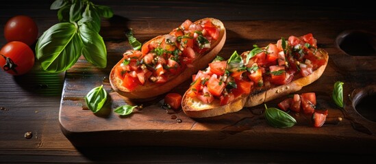 Aufkleber - Freshly prepared bruschetta with ripe tomatoes, fragrant basil, and diced onion served on a rustic wooden table. with copy space image. Place for adding text or design