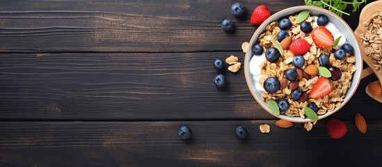 Leinwandbilder - Close-up view of a delicious bowl of cereal topped with a variety of fresh berries and nuts. with copy space image. Place for adding text or design