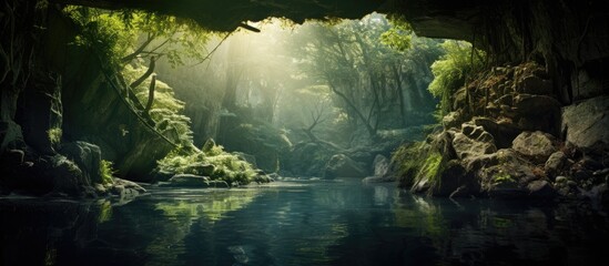 Poster - Capturing nature's beauty in a hidden cave where a river flows gracefully among trees and rocks. with copy space image. Place for adding text or design