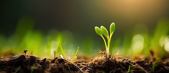 Poster - A detailed view of a tiny plant sprouting from the ground in a macro shot with a beautiful green backdrop. with copy space image. Place for adding text or design