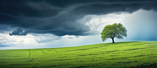 Poster - Single tree standing amidst lush grass field with overcast sky in the background. with copy space image. Place for adding text or design