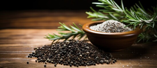 Poster - Bowl filled with pepper seeds and a fresh sprig of rosemary, captured up close. Wooden table with selective focus on rosemary black pepper salt. with copy space image. Place for adding text or design