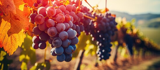 Fototapete - Cluster of grapes on vine in vineyards during autumn harvest. with copy space image. Place for adding text or design