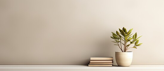 Aufkleber - A green plant in a decorative vase placed beside a collection of colorful books on a wooden shelf. with copy space image. Place for adding text or design
