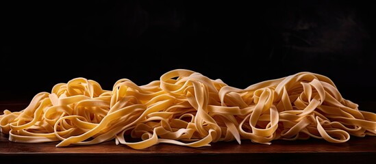 Poster - Noodles, a staple food made from dough, displayed in a close-up on a rustic wooden table. with copy space image. Place for adding text or design