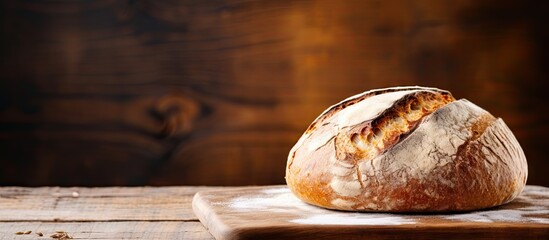 Poster - Homemade artisan round sourdough bread resting on a circular wooden surface. with copy space image. Place for adding text or design