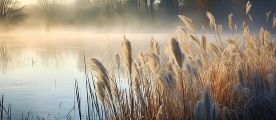 Fototapete - Reeds in the foreground of a tranquil lake under a misty sky create a serene natural scene. with copy space image. Place for adding text or design