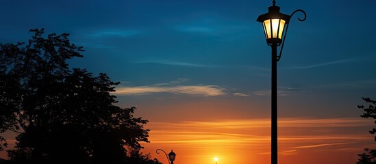 Fototapete - Urban scene with a tree in the foreground, as the sun sets behind a street light powered by solar energy. with copy space image. Place for adding text or design