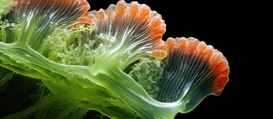 Wall Mural - Pair of orange mushrooms emerging from vegetation. Microscopic view of preserved marine microalgae at 400x magnification, focused on Climacosphenia in the Climacospheniaceae family