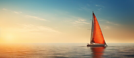Aufkleber - Sailboat with vibrant orange sail gliding on the ocean waters during sunset, creating a picturesque scene of tranquility and beauty. with copy space image. Place for adding text or design
