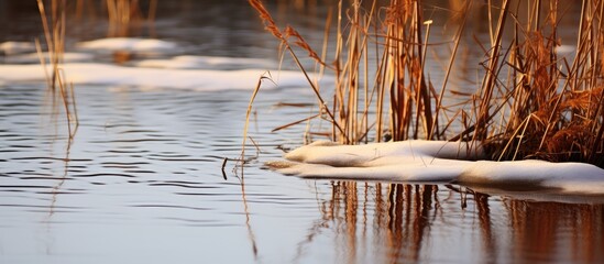 Aufkleber - Giraffes gracefully navigating a snowy lake, surrounded by the serene winter landscape. with copy space image. Place for adding text or design