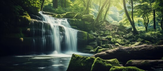 Fototapete - Crystal-clear water cascades down a rocky mountainside in the midst of a vibrant green forest. with copy space image. Place for adding text or design