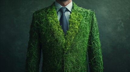Wall Mural - A businessman in a suit made from grass and moss, symbolizing green jobs and sustainable business practices. Emphasizing a nature-friendly and ecological approach to modern business.