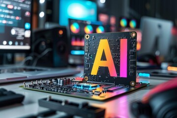 Poster - AI chip on a computer motherboard illuminated by blue and pink lights, showcasing advanced technology, innovation, and modern electronic design