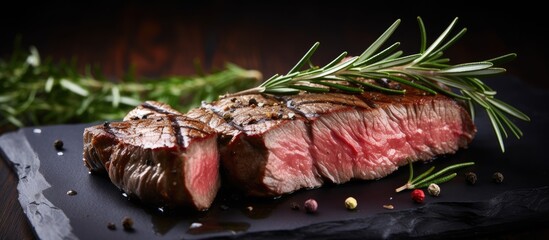 Leinwandbilder - Juicy, rare beef steak grilled perfectly, sliced to reveal texture, seasoned with fresh rosemary and salt on a wooden board. with copy space image. Place for adding text or design