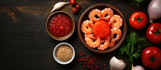 Poster - A detailed view of a bowl filled with succulent shrimp, fresh tomatoes, and aromatic garlic, creating a flavorful dish. with copy space image. Place for adding text or design