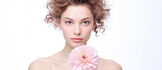 Fototapete - Portrait of a young woman isolated on a white background holding a pink flower. with copy space image. Place for adding text or design