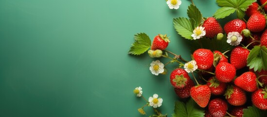Poster - Ripe strawberries with leaves and flowers close up, set against a green and flowery backdrop. with copy space image. Place for adding text or design